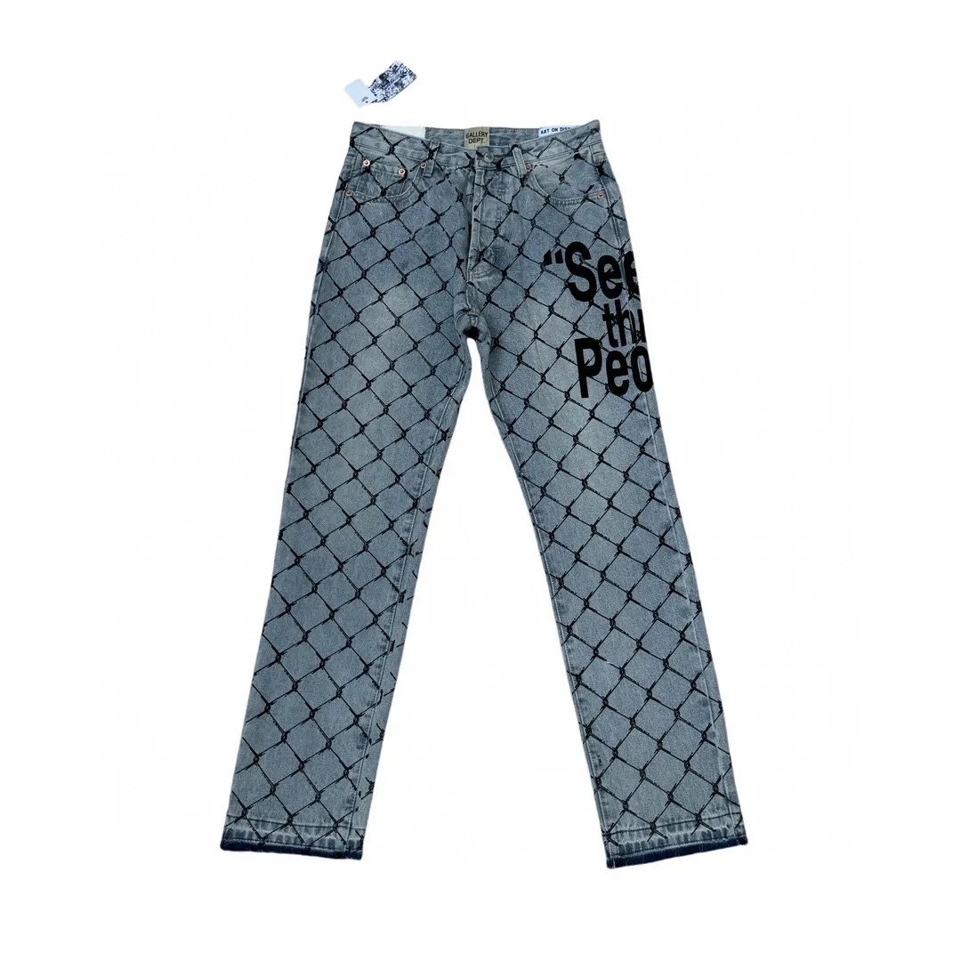 -Size upper body P240#G786 GALLERY DEPT. Steel mesh letter printed slim jeans jeans casual group trendy American slim men's and women's trousers Color: blue Size: S-XXL (corresponding to 28-36)